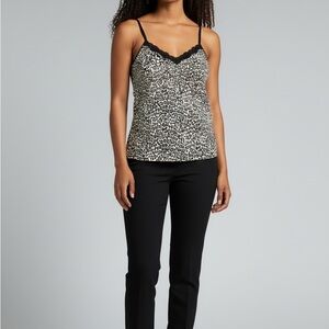 White House Black Market Workwear Leopard Print Lace Trim Stretch Cami Tank Top